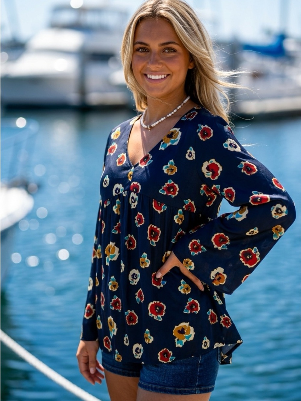 Women’s silky babydoll shirt | Mini dress in navy floral by Hayden NWT size L.